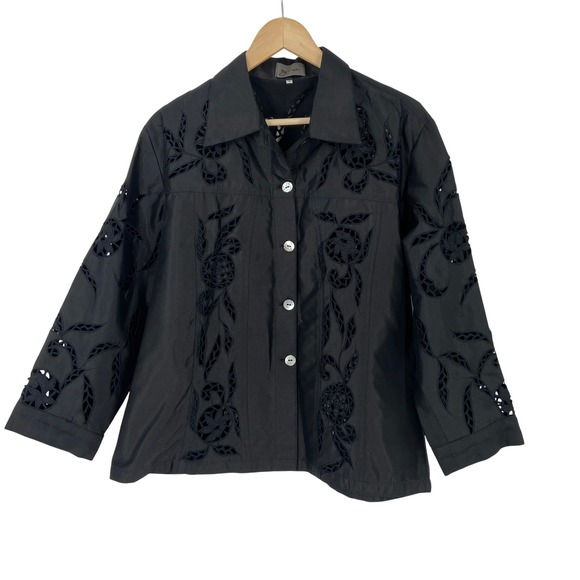 Zina Jackets & Blazers - Zena Beverly Hills Black Silk Embroidered Cutout Jacket Women Size 3 L/XL
